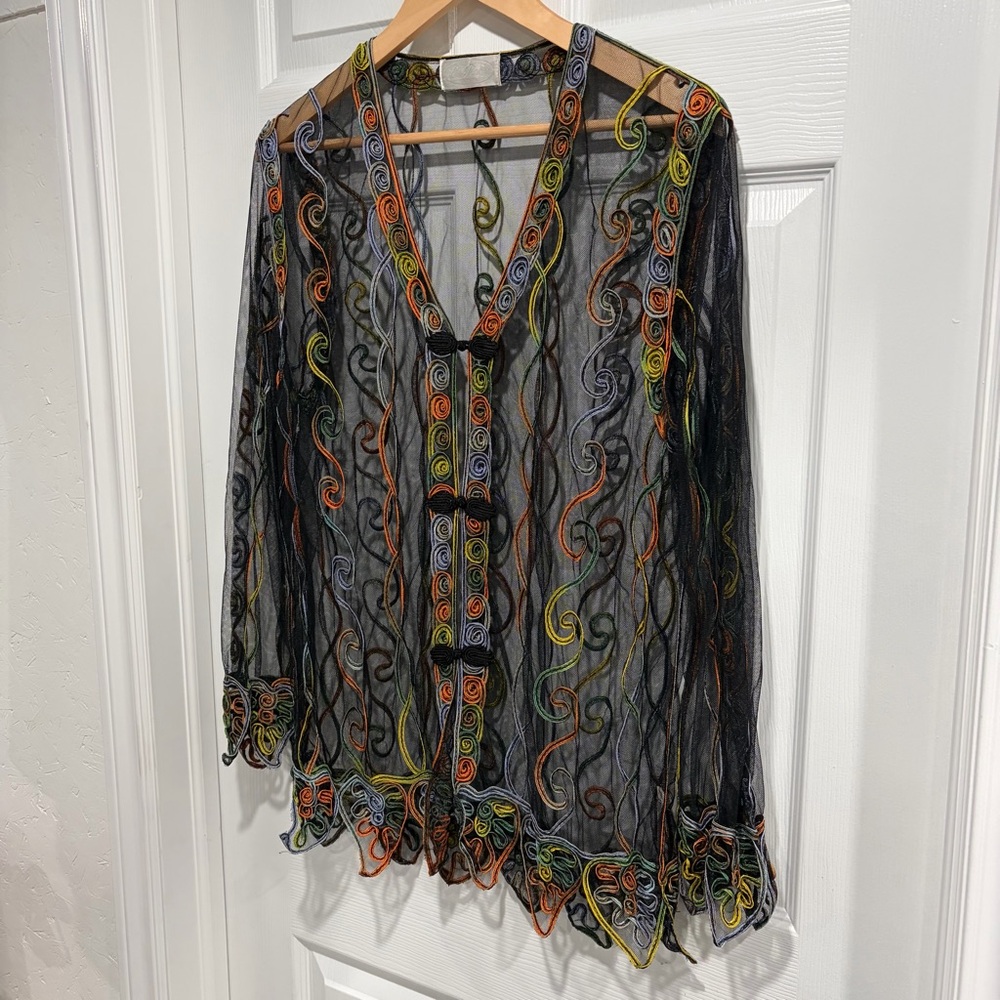 Vintage La Robe Sheer Black Mesh Embroidered Button-Front Top Coverup - Picture 2 of 7